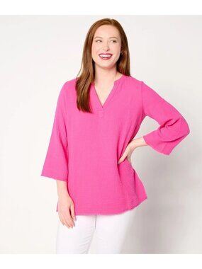 Belle by Kim Gravel Women Top Sz M Cotton Gauze Frayed Edge Tunic Pink A647284